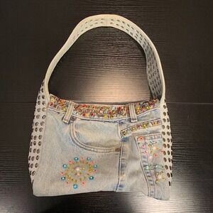 Vintage Y2K Denim Jean Hobo Shoulder Bag Purse Studded Beaded Women's Boho